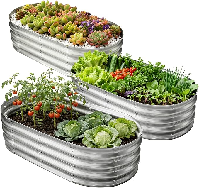 Galvanized Raised Garden Bed for Outdoor: 4X2X1ft Durable Metal Vegetable Plant Container Kit - Oval Planter Box for Gardening Flower Trough (3 Pack)