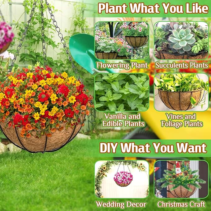 ZeeDix 6 Pack 14 Inch Metal Round Hanging Planter Basket with Coconut Liners Replacement, Hanging planters Baskets with Natural Coco Liner for Outdoor Indoor Planters Flowers Vegetables