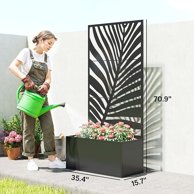 Outsunny Metal Planter Box with Trellis, 71" Tall Raised Garden Bed with Trellis Privacy Screen for Climbing Plants, Large Leaf Cut-Out Privacy Planter for Garden, Patio, Balcony