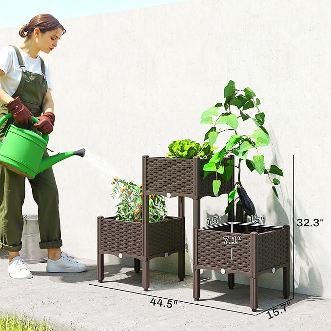 Outsunny Plastic Raised Garden Bed with Legs, Self Watering Elevated Planter Boxes with Drainage Holes and Plugs, Easy Assembly Outdoor Planter Box for Patio Yard Balcony, Vegetables, Flowers, Herbs