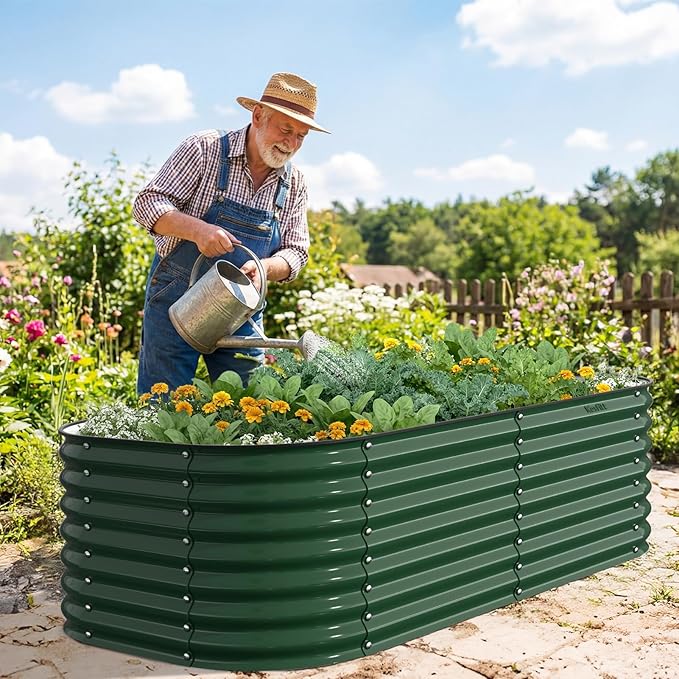 Kesfitt Raised Garden Bed Outdoor, Galvanized Steel Metal Raised Bed Planter for Vegetables, 24-Inch Deep Open Bottom Backyard Garden Bed 6x3x2 ft, Forest Green