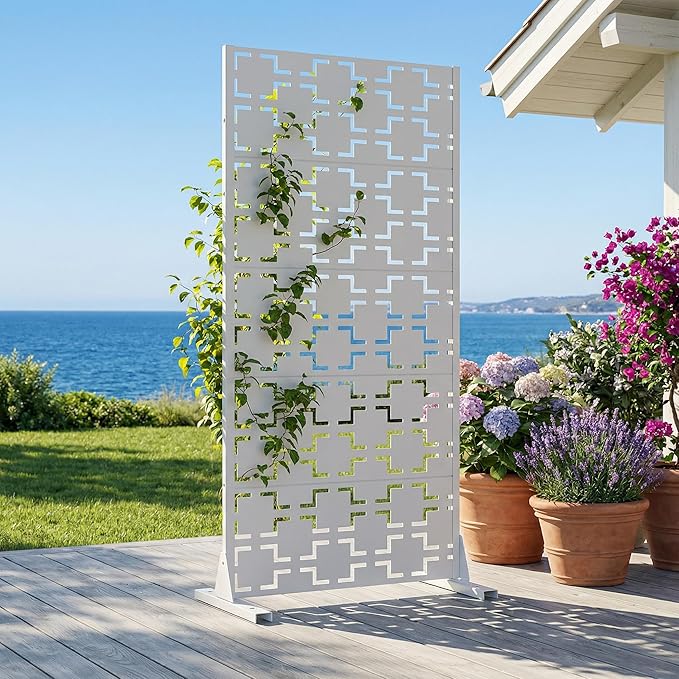 Casaphoria Metal Privacy Screen Outdoor, 60" H x 30" W Freestanding Decorative Privacy Screen for Patio Deck Balcony Garden with Stable Base, White-Square