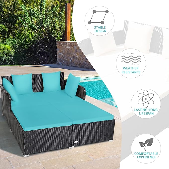 COSTWAY Outdoor Patio Rattan Daybed, Sponge Cushioned Loveseat Sofa with 4 Pillows, Wicker Furniture Sunbed for Balcony, Courtyard (Turquoise)