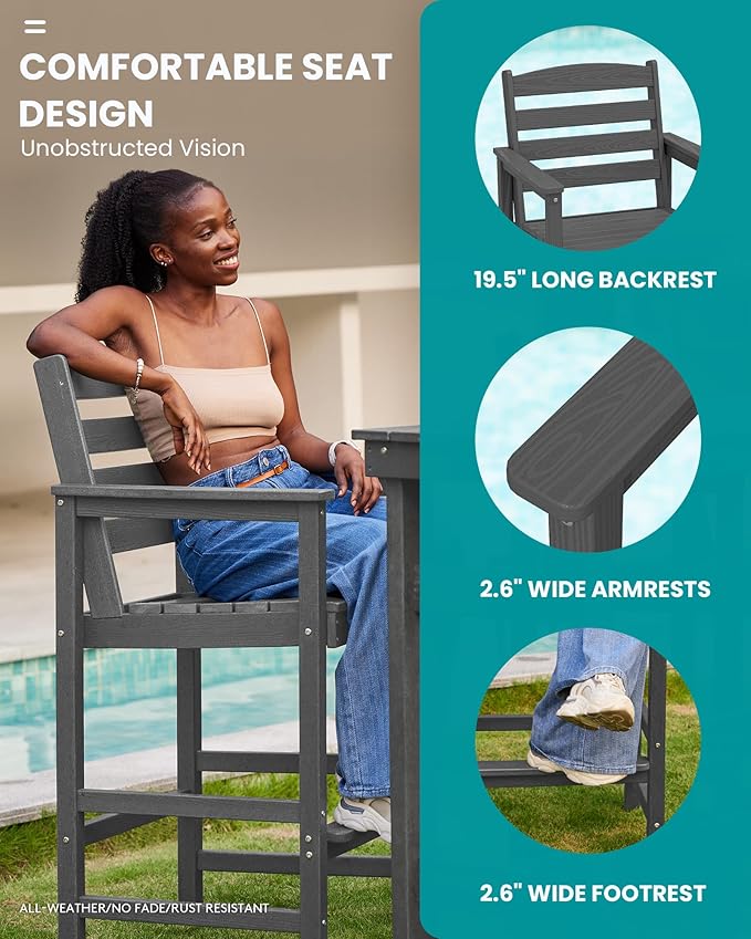 SERWALL Outdoor Bar Table and Chairs Set, Adirondack Bar Chairs Set of 2 and Bar Height Table, All Weather HDPE Patio Bar Set, Outdoor Furniture for Outside, Grey