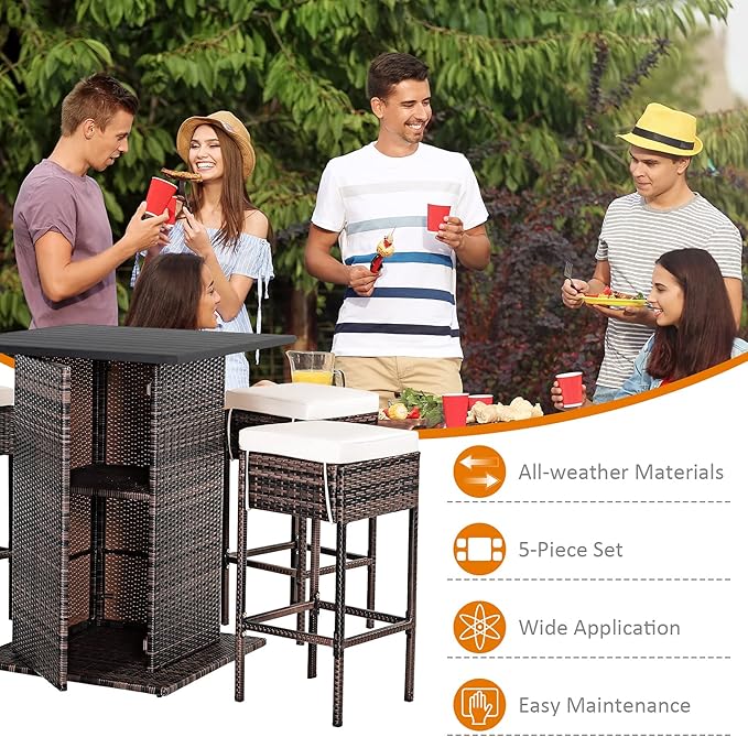 Tangkula 5 Piece Outdoor Rattan Bar Set, Patio Bar Furniture with 4 Cushions Stools and Smooth Top Table with Hidden Storage Shelf, Outdoor Conversation Set for Poolside, Backyard, Lawn