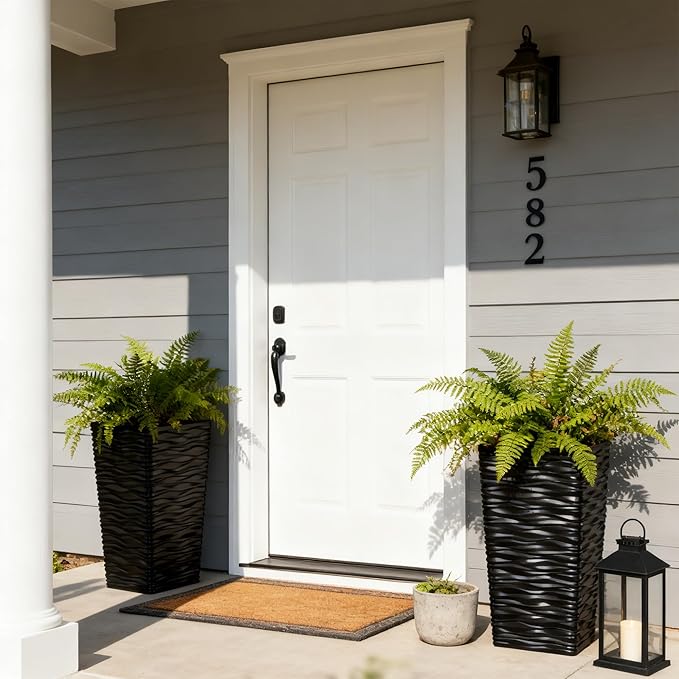 Worth Garden 2-Pack Black Tall Planter - Plastic Square Tapered Tree Plant Pots with Drainage Hole for Indoor Outdoor - 22" H Modern Wavy Finish Decorative Flower Pots for Front Porch Patio Deck