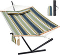 Two Person Hammock with Stand for Outside Heavy Duty, Outdoor Patio Hammock with Portable Steel Stand, Large Double Hammocks,480lbs Capacity.(Grey Stripes)