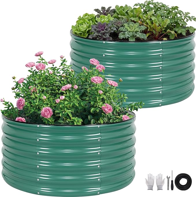 ZORMY Galvanized Raised Garden Bed Outdoor, Round Metal Planter Boxes 2 Pcs, 3x3x1.4ft Steel Raised Bed Kit for Planting Vegetables, Fruits, Flowers(LotusGreen)