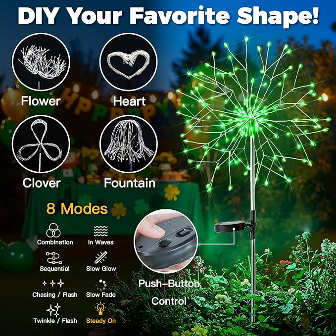 suddus St. Patrick's Day Decorations Solar Firework Lights - 150 LED Green Outdoor Garden Lights, 8 Modes DIY Sparkler Lights, Waterproof Solar Stake Lights for Yard, Pathway Flowerbed Decor (2 Pack)