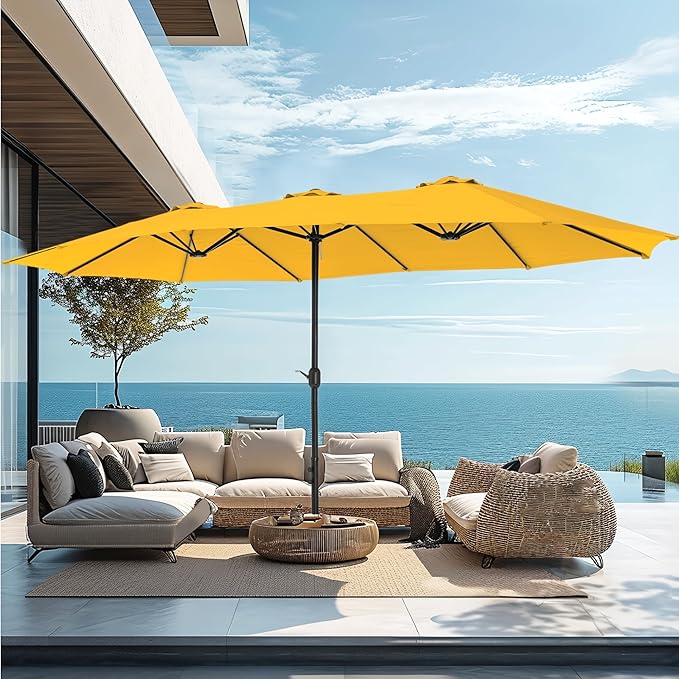 PHI VILLA 15ft Large Patio Umbrellas with Base Included, Outdoor Double-Sided Rectangle Market Umbrella with Stand, Outside Umbrellas for Poolside Lawn Garden, Golden Yellow