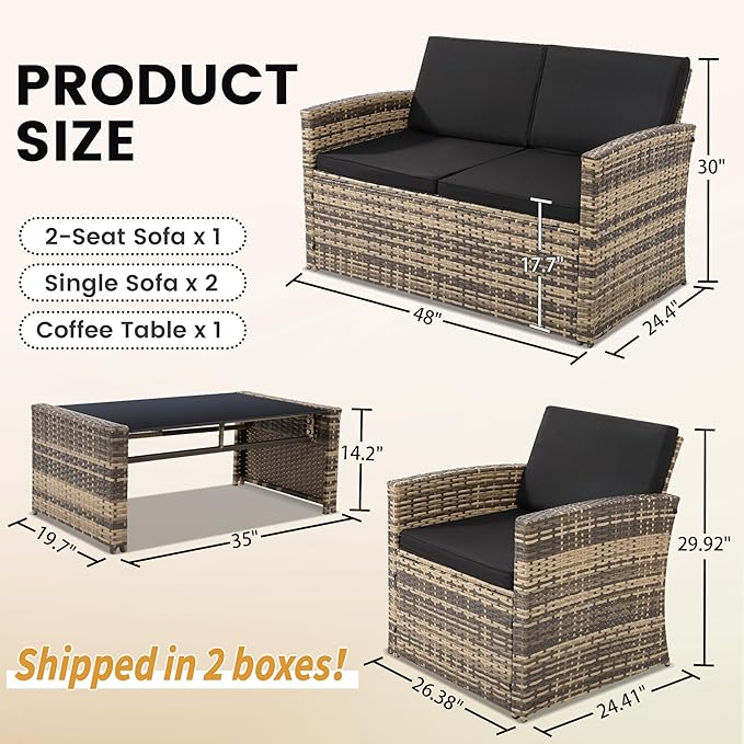 4-Piece Patio Furniture Set, Wicker Outdoor Rattan Sectional Sofa with Cushions and Glass Table, All-Weather Outdoor Conversation Set, Ideal for Garden, Porch, Backyard, Black