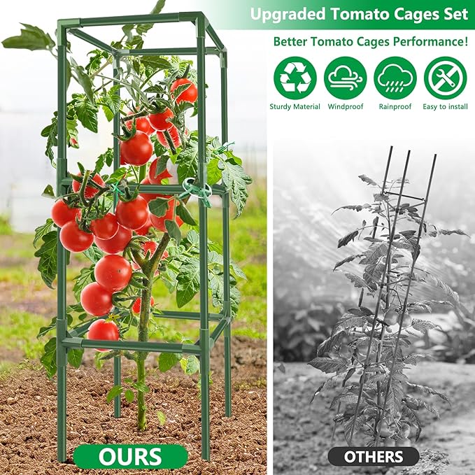 6 Pack Square Tomato Cages, 49.2" Large Upgraded Heavy Duty Steel Tomato Trellis Stakes, Garden Plant Support Cages Kit for Raised Garden Bed, Cucumber Trellis Vegetables and Climbing Plants