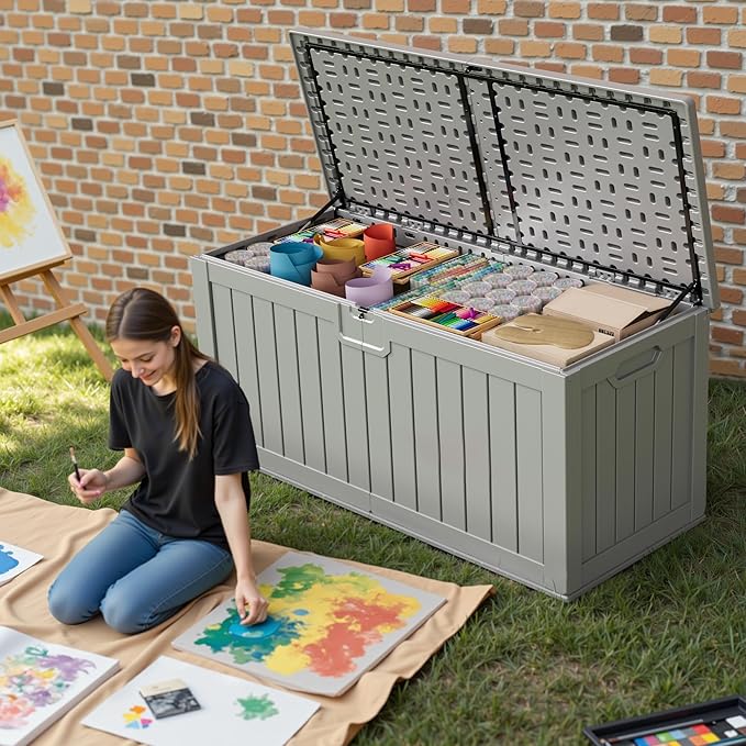 Patiowell 240 Gallon Large Outdoor Storage Box, Waterproof Deck Box with Fixed Divider, Lockable and Durable Patio Storage Solution for Patio Furniture and Garden Tools (Grey)