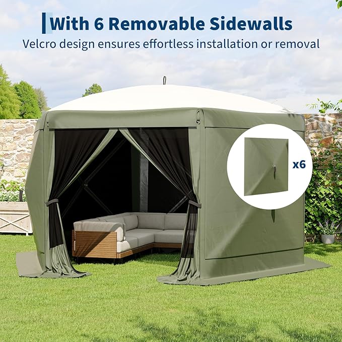 11.5x11.5FT 6-Sided Pop Up Gazebo Tent，One-Push Setup Canopy Tent with Mesh Panels & Removable Wind Cloths, Outdoor shelter for Camping, Backyard Parties, Outdoor Events - Army Green