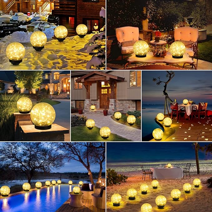 2-Pack Garden Solar Lights Outdoor, Cracked Glass Ball Light Waterproof, Decorative Solar Globe Lights Warm White for Yard Pathway Patio Lawn