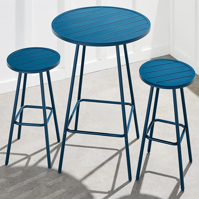 Best Choice Products 3-Piece Patio Dining Set, Bar Height, Outdoor Bistro Set, Outdoor Round Bar Table w/ 2 Bar Stools, Steel - Peacock Blue