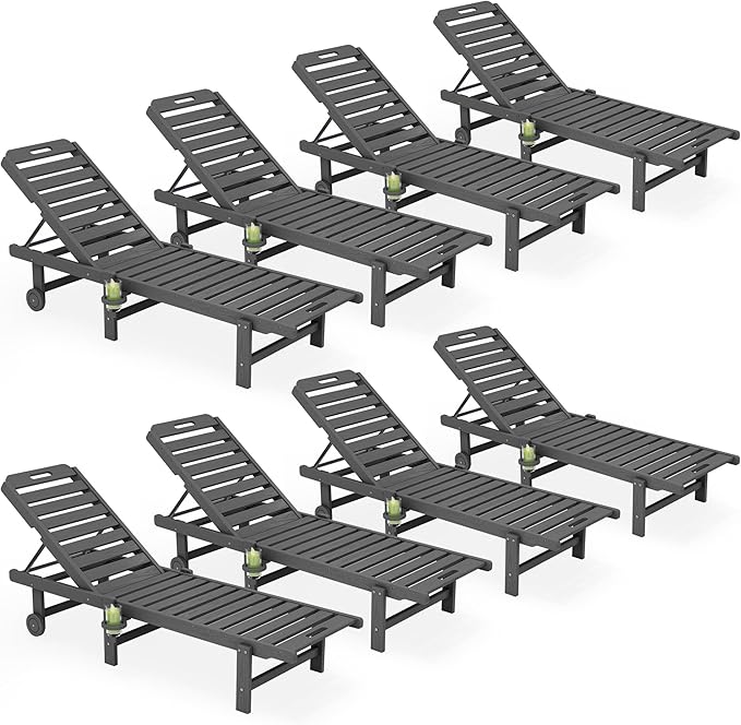 SERWALL Outdoor Chaise Lounge Set of 8, HDPE Pool Lounge Chairs with 5-Position Adjustable Backrest, Patio Loungers with Rolling Wheels & Cup Holder for Pool Sunbathing, Grey