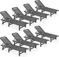 SERWALL Outdoor Chaise Lounge Set of 8, HDPE Pool Lounge Chairs with 5-Position Adjustable Backrest, Patio Loungers with Rolling Wheels & Cup Holder for Pool Sunbathing, Grey