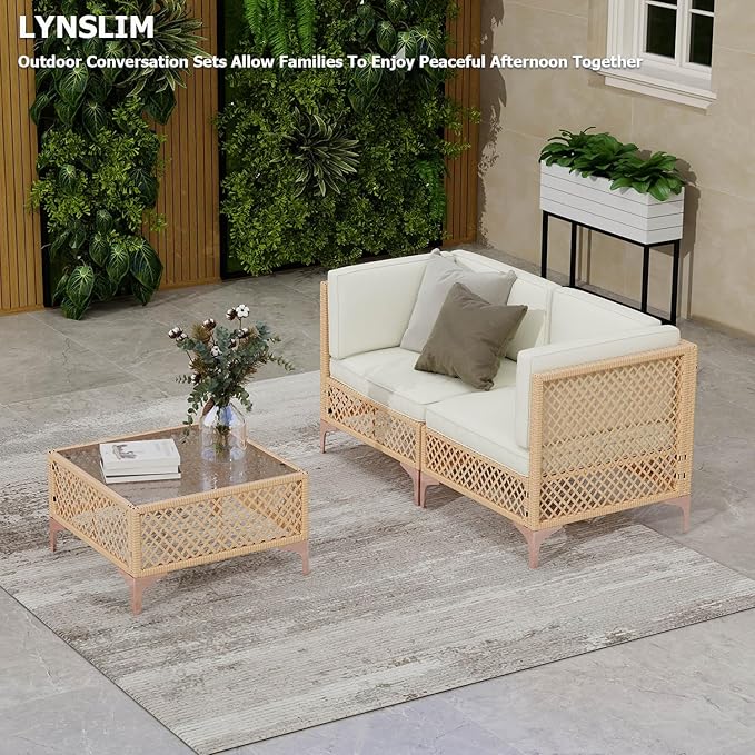LYNSLIM Outdoor Patio Furniture Set, Wicker Outdoor Sectional Set, Boho Patio Conversation Sectional Sofa with Large Tempered Glass Coffee Table and Waterproof Cushion (3-Piece Patio Furniture)