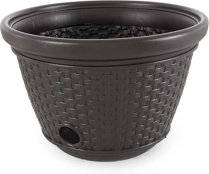 Suncast 4 Pack Wicker Hose Pot, Decorative Resin Garden Hose Storage, 100ft 5/8in Standard Vinyl Hose Capacity with 4 Drain Holes, 18in x 12in, Java