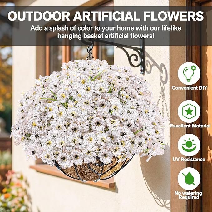 22 Pack Artificial Flowers Outdoor Fake Plants, Faux Flowers UV Resistant with Plastic Plants, Faux Silk Flowers for Outdoors Outside Front Porch Hanging Planter Window Box Garden Decoration(White)