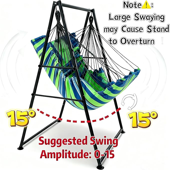 Hammock Chair Stand with X-Large Swing Chair with Footrest，Anti-Tip Thickened Weather-Resistant Iron Pipe Swing Frame, 450Lbs Stand Capacity Quick Assembly for Indoor Outdoor (Green Stripe)