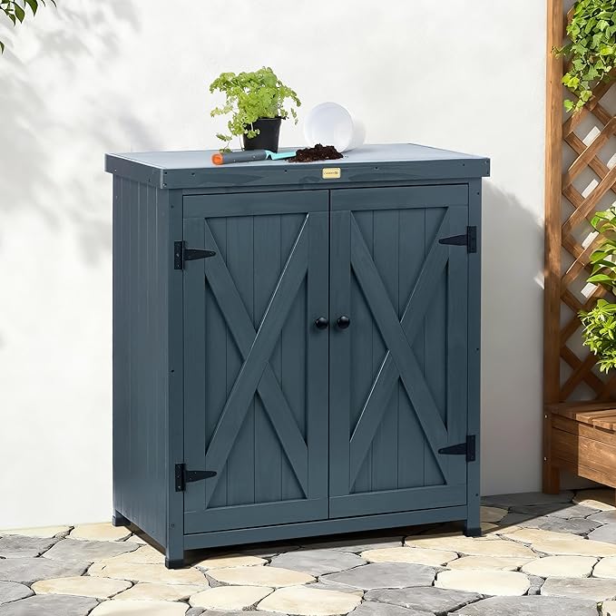 HABAU Outdoor Storage Cabinets Weatherproof for Patio, Garden Work Bench with Shelves & Metal Tabletop, Wooden Potting Table Workstation