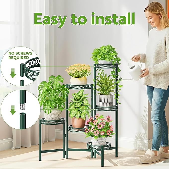 Metal Plant Stands Indoor Outdoor, 6 Tier Plant Stand Corner Plant Shelf, Folding Tall Plant Rack, Heavy Duty Iron Flower Display Holder Stand for Living Room Patio Porch Balcony - GreenFlower