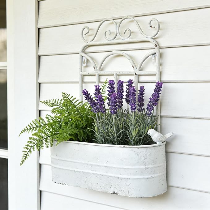Rustic Metal Wall Planter Vintage Wall Mounted Flower Pot Distressed Wall Hanging Plant Basket Farmhouse Wall Decor for Indoor Outdoor Garden Home Yard (White)