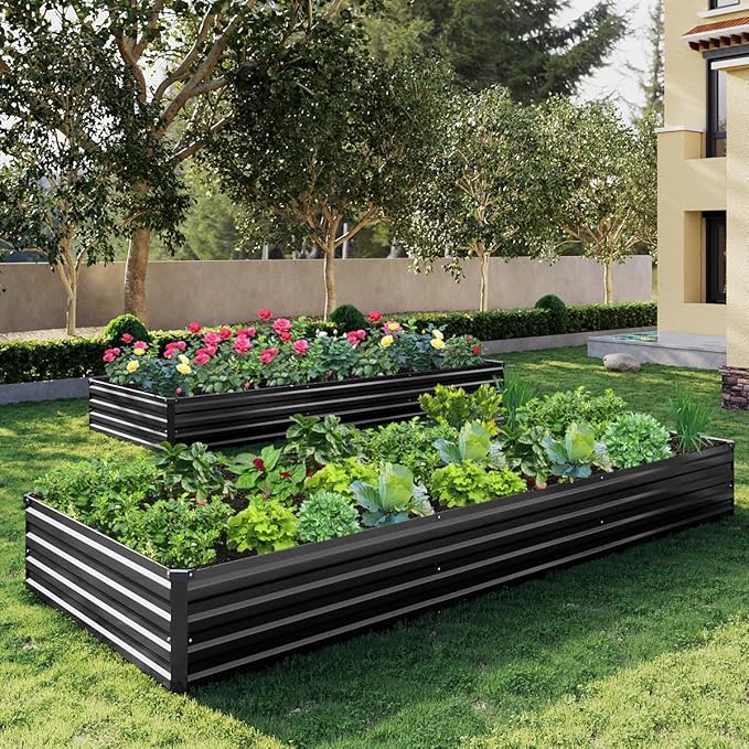 10×3×1FT(2PCS) Galvanized Raised Garden Bed Kit, Metal Planter Boxes,Large Outdoor Planters Garden for Planting Vegetables,Flowers,Herbs -Black