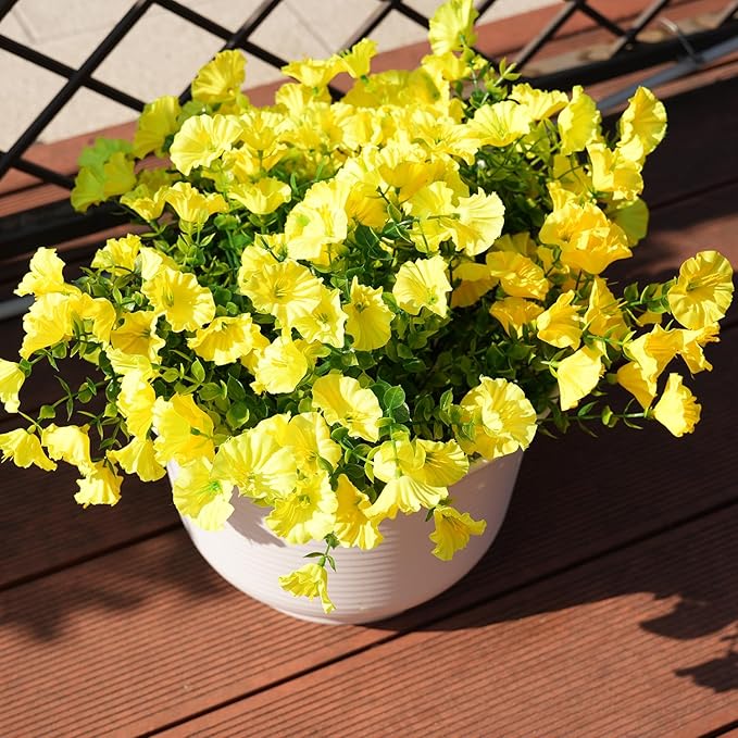 Artificial Flowers for Outdoors, UV Resistant Fake Silk Morning Glory, Realistic Faux Plants for Outside Porch Patio Window Box Hanging Planter (16, Yellow)