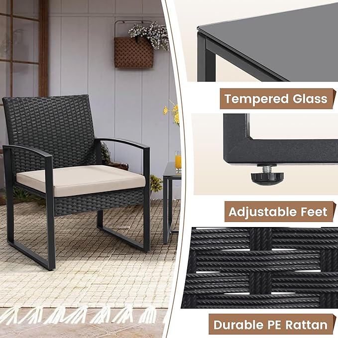 3 Piece Wicker Patio Bistro Set, Rattan Conversation Set with Coffee Table, for Balcony, Porch, Garden, Yard, Poolside, Black Frame with Beige Cushion