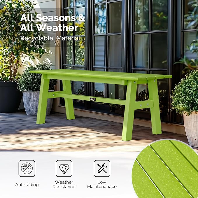 VINGLI 47” Outdoor Bench Garden Bench HDPE Porch Bench w/Metal Legs, Poly Lumber Patio Bench, 660 LBS Capacity Outdoor Backless Bench(Green)