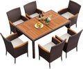Flamaker 7 Piece Patio Dining Set Outdoor Acacia Wood Table and Chairs with Soft Cushions Wicker Patio Furniture for Deck, Backyard, Garden (Brown)