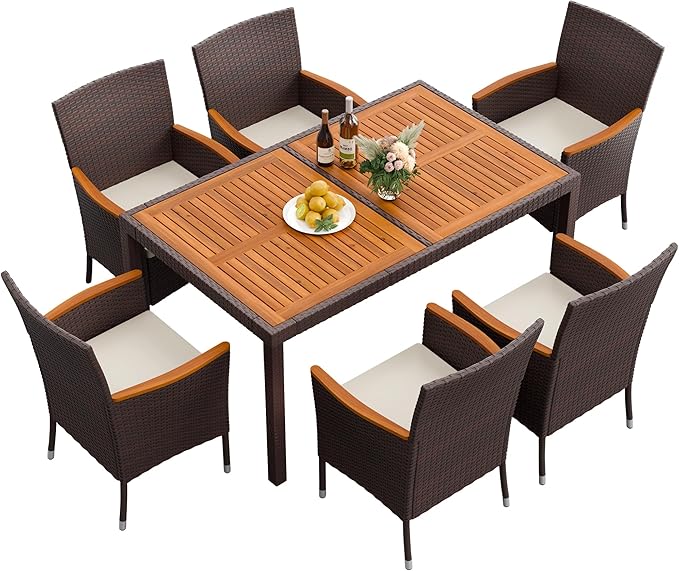 Flamaker 7 Piece Patio Dining Set Outdoor Acacia Wood Table and Chairs with Soft Cushions Wicker Patio Furniture for Deck, Backyard, Garden (Brown)