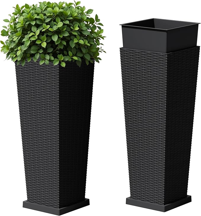 Devoko Resin Tall Planters with Tray for Outdoor Plants Set of 2, Large Taper Outdoor Planter Pots with 4 Drainage Holes, Flower Pots Modern Decor for Porch, Patio, Backyard, Garden(Black, 32")