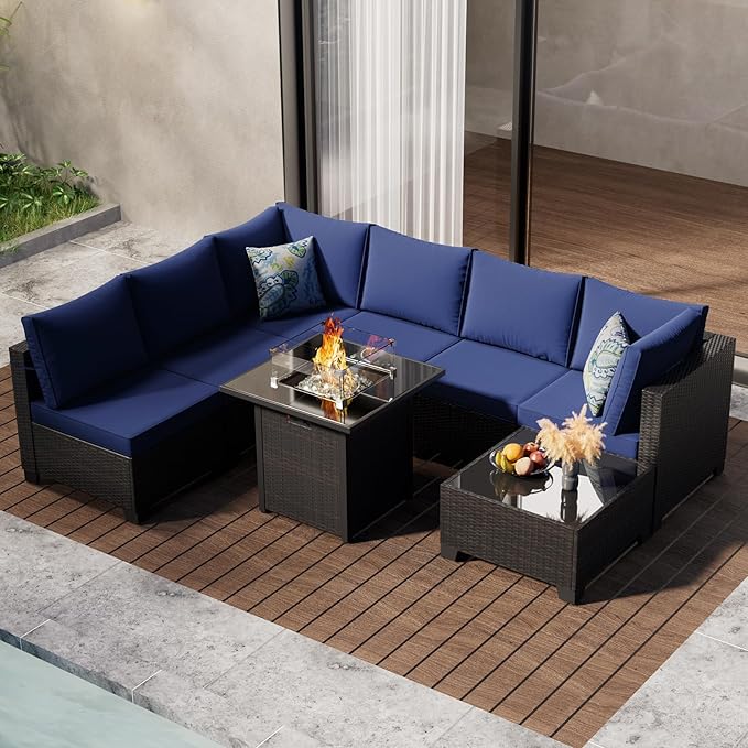 8-Piece Patio Furniture Set with 50,000 BTU Fire Pit Table - Wicker Outdoor Sectional Sofa Set for Backyard Deck Garden (Brown/Blue)