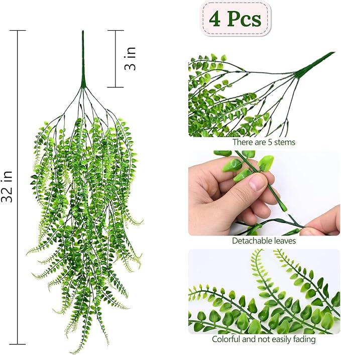 Waipfaru 4Pcs Fake Ferns Fake Hanging Plants Artificial Ferns for Outdoors，UV Resistant Plastic Fake Plants for Indoor Wall Porch Wedding Party Holiday Decor