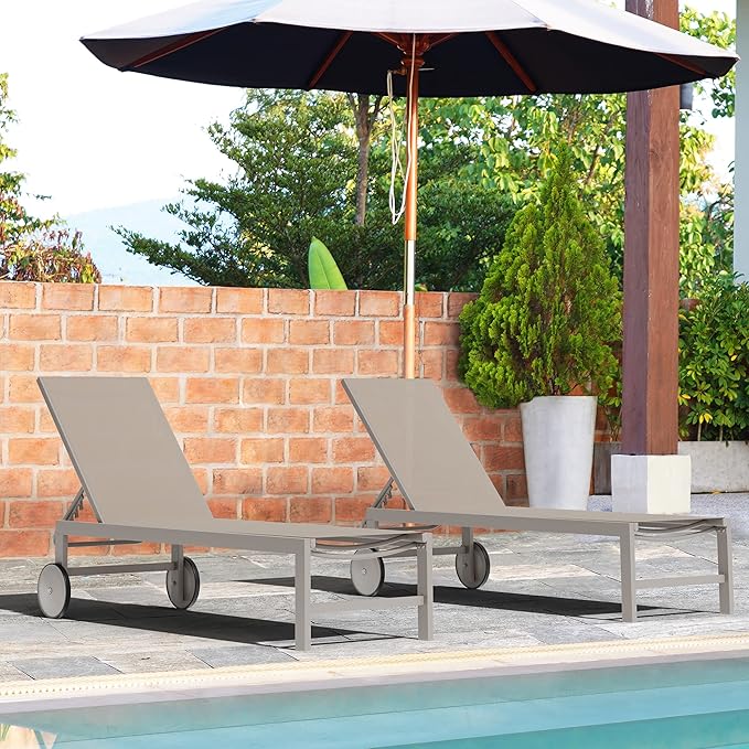 Shintenchi 2 PCS Outdoor Chaise Lounges Chair with Wheels Aluminum Reclining Patio Lounge Chairs with 5 Adjustable Position Recliner for Patio, Beach, Yard, Pool Patio Furniture Set,Khaki