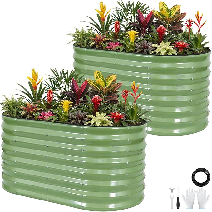 Galvanized Raised Garden Bed Outdoor 24'' Deep | Oval Metal Garden Beds with Easy Assembly & Planter Box for Planting Deep Root Vegetables Fruits Flowers, 4x2x2ft OliveGreen 2Pcs