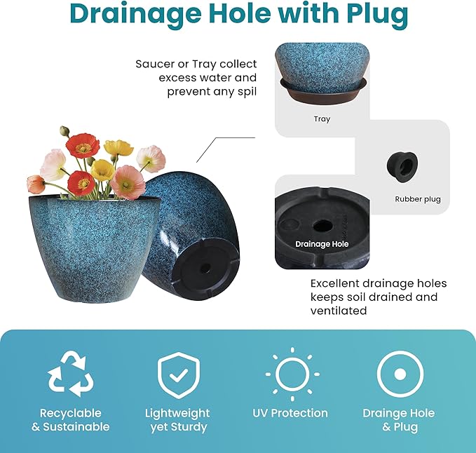 2 Pack Plastic Plant Pots with Drainage Holes, 8 inch Planter for Indoor Outdoor Plant, Garden Flower Pots for Aloe, Herbs, Cactus(Blue, 2pcs)