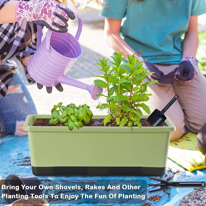 Window Box Planter 8 Pcs, 17 Inches Rectangle Flower Pots with Drainage Holes & Trays, Vegetable Planters for Windowsill Patio Garden Balcony Home Indoor Outdoor (Light Green, 16 * 7 * 6 inch)
