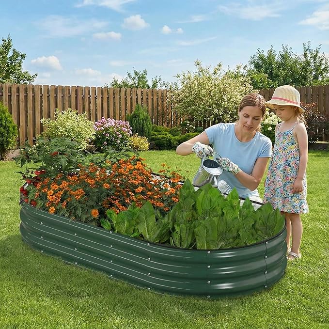 Raised Garden Bed, 6x3x1ft Galvanized Outdoor Planter Beds with Safety Edging and Gloves, Oval Metal Planter Box for Gardening Vegetables Flowers Herb-Deep Green
