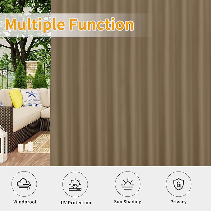 Easy-Going Outdoor Patio Curtains Detachable Tab Top Windproof Weatherproof Curtain for Cabana, Porch, Pergola and Gazebo, Tab Bottom Drape, 2 Panels, 110W x 84L inch, Khaki