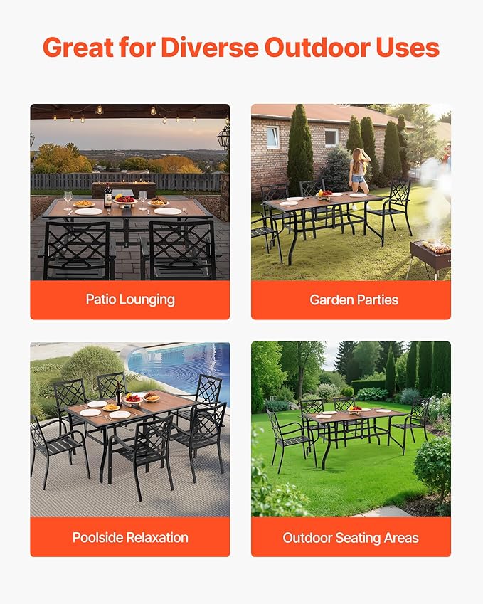 VEVOR Outdoor Patio Dining Table, 59 inch Long Rectangular Wood-Like Steel Slat Backyard Bistro Tables for 4-6, with 1.5 in Umbrella Hole, All-Weather Large Furniture for Lawn Garden Porch, Brown
