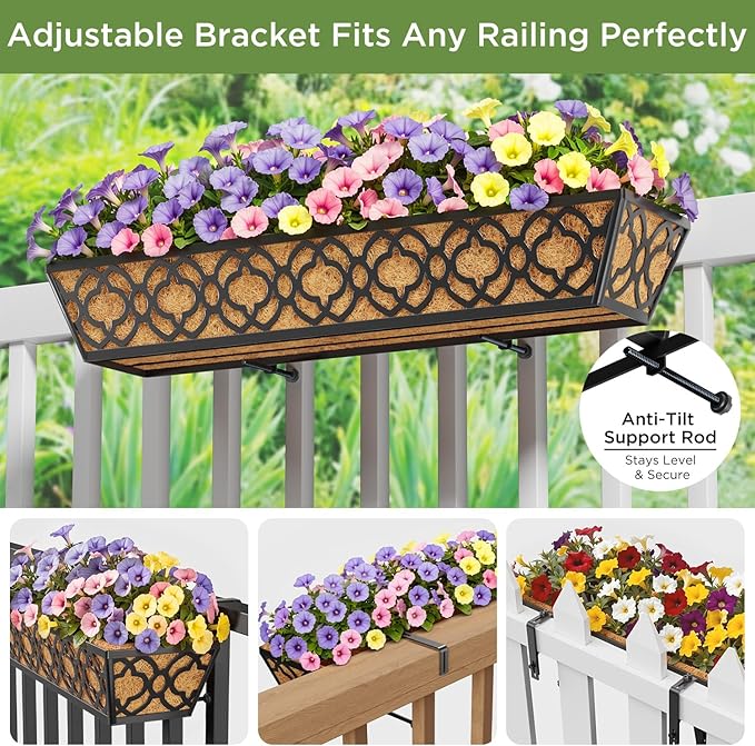 Y&M 30 inch Window Planter Box 4Pcs Iron Window Deck Railing Planter with Coco Liner, Metal Horse Troughs Fence Planter for Outdoor Balcony Rail Fence Porch Patio