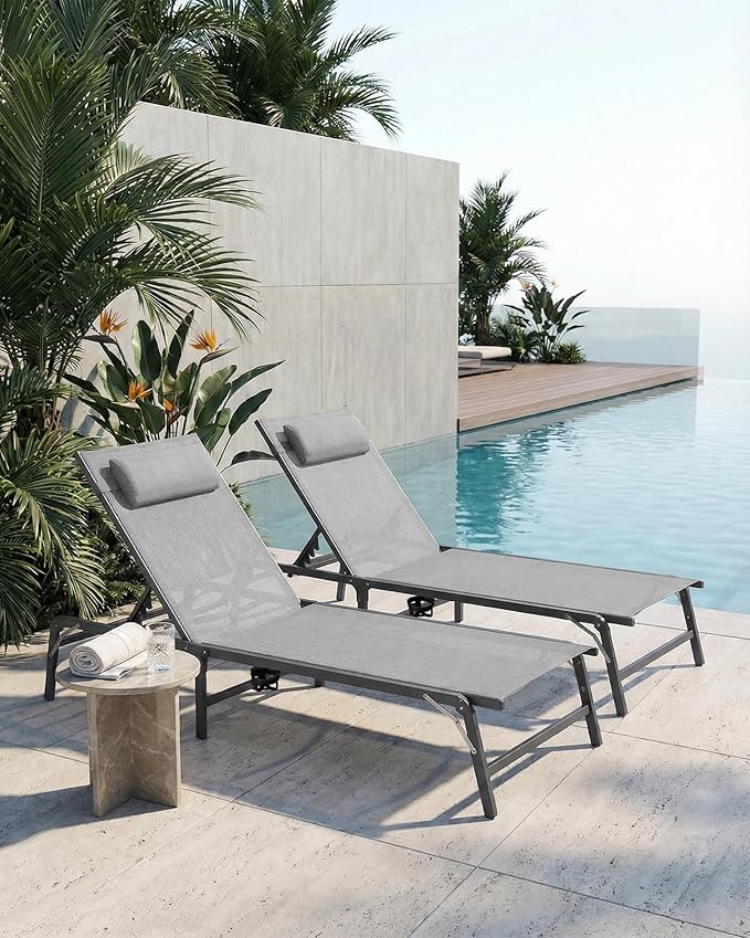 2 Pack Foldable Chaise Lounge Chair with Cup Holder, Assemble-Free Outdoor Lounge Chair with Detachable Pillow and 6 Adjustable Backrest, Patio Lounge Chair for Outside Poolside Beach Pool, Grey