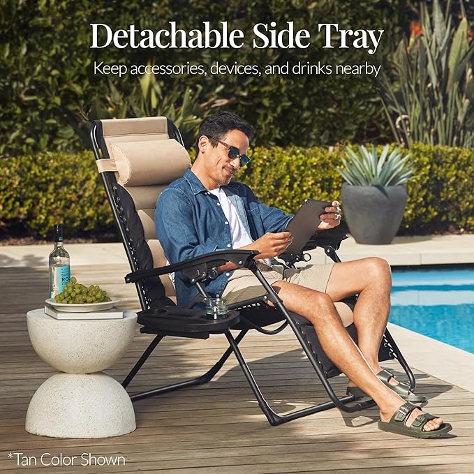 Best Choice Products Oversized Padded Zero Gravity Chair, Folding Outdoor Patio Recliner, XL Anti Gravity Lounger for Backyard w/Headrest, Cup Holder, Side Tray, Polyester Mesh - Yellow