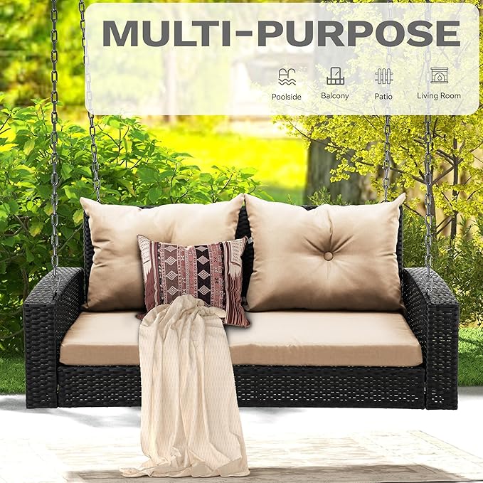 DWVO Hanging Porch Swing Chair Outdoor Wicker Rattan Patio Swing Lounge 2 Seats Cushions Capacity 530lbs for Balcony, Garden, Living Room, Brown Rattan Light Brown Cushion