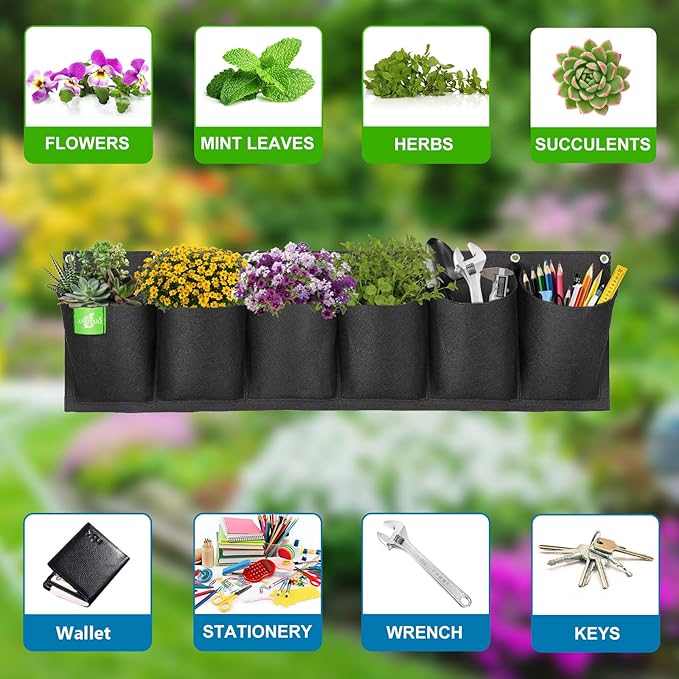 ANGTUO 6 Pockets Hanging Planters for Outdoor Plants, One Pack Wall Planter Vertical Garden, Hanging Plant Holder for Railing, Balcony, Fence